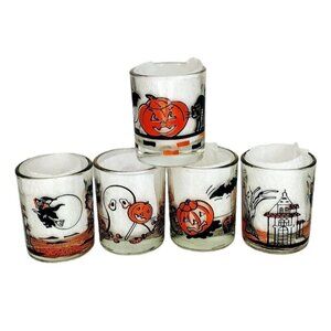 VTG Halloween 5 Shot Glasses Candle Holders Graveyard Pumpkin Witch Bats Ghost